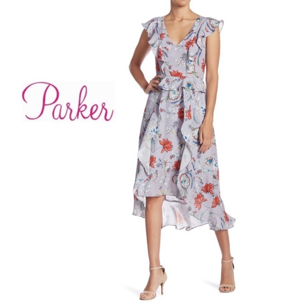 Parker Violet Floral Ruffled Hi-Low midi Dress size xs